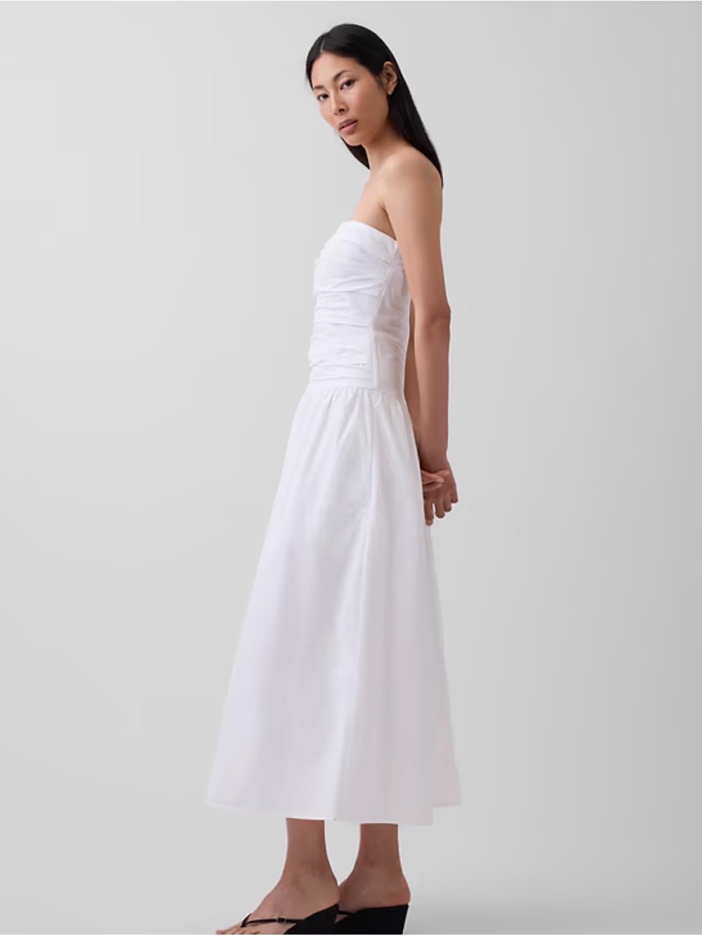 GAP poplin drop waist maxi/midi dress White Ruched Bodice - Picture 4 of 9